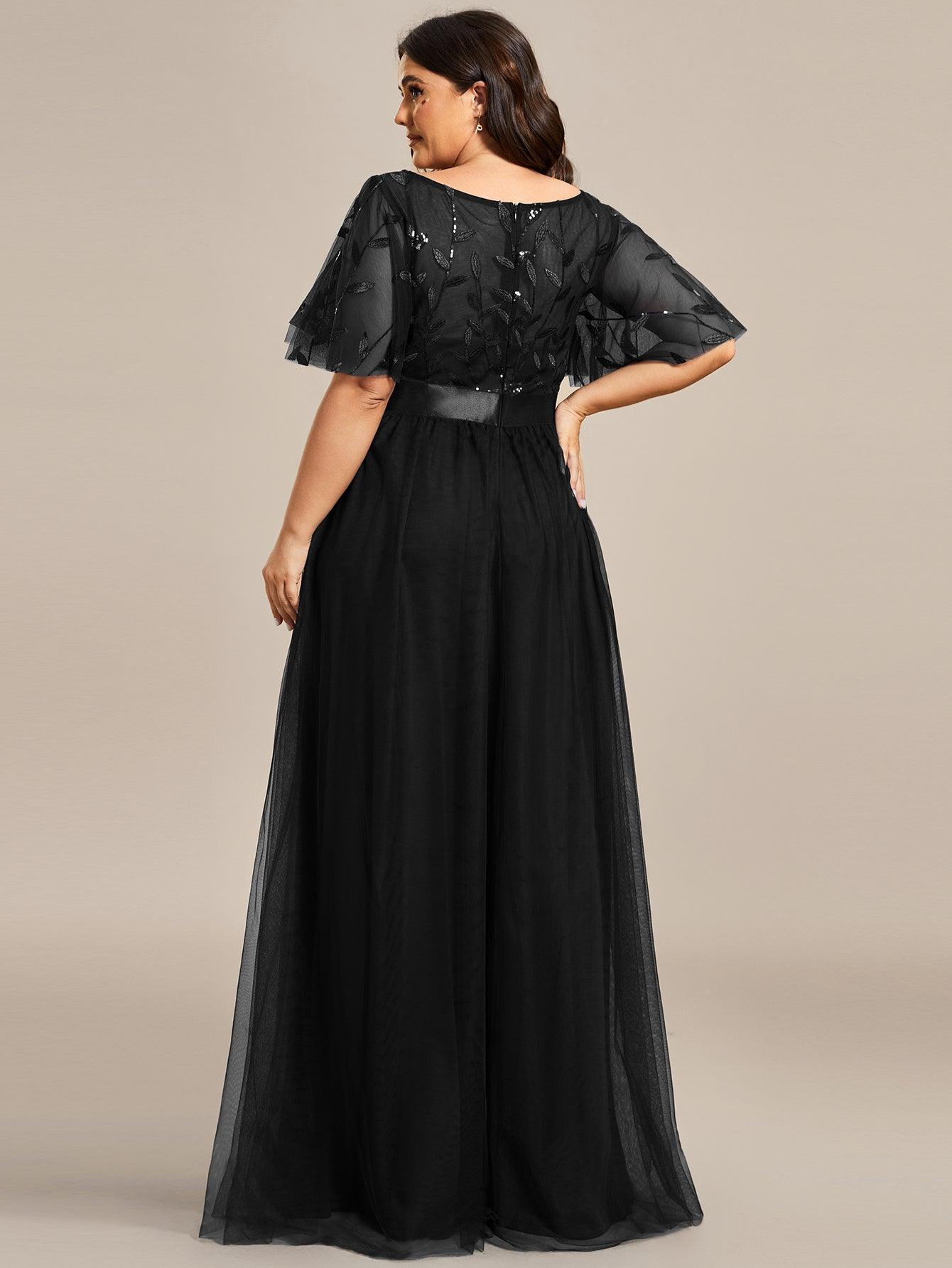 Robe de soirée brodée à manches courtes pour femmes de Grande taille #Couleur_Noir