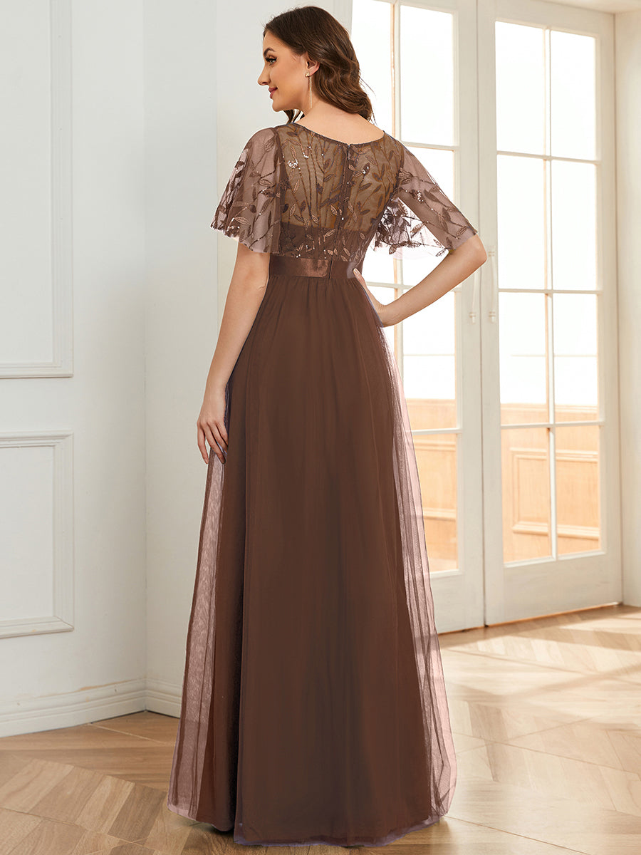 Robe de demoiselle d'honneur Brodées à manches courtes en ligne A pour femmes #Couleur_Brun