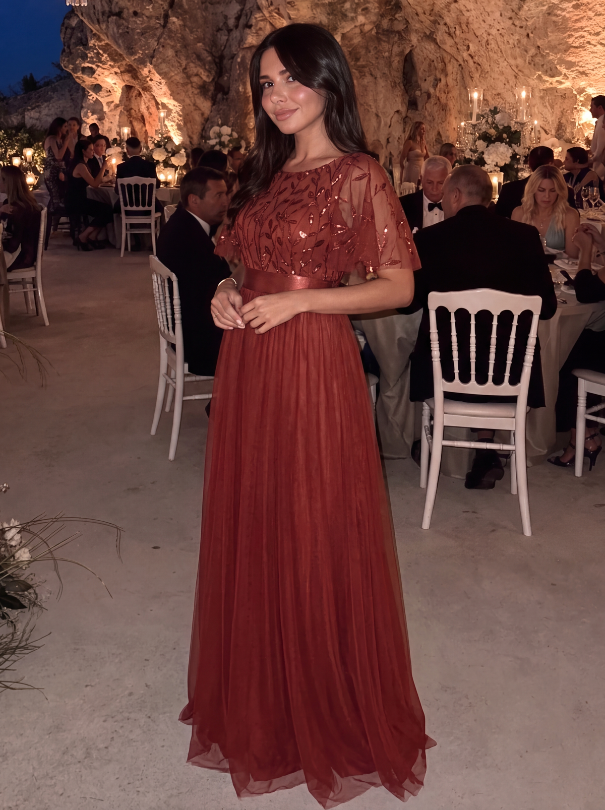 Robes de soirée brodées à manches courtes A-Line pour femmes #Couleur_Burnt Orange