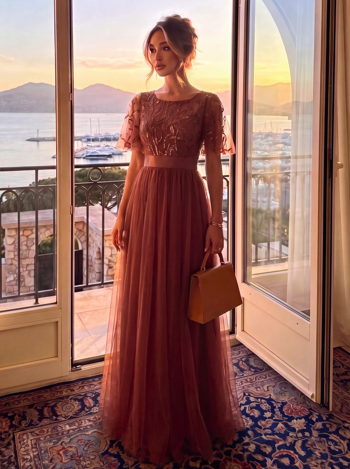 Robes de soirée brodées à manches courtes A-Line pour femmes #Couleur_Burnt Orange