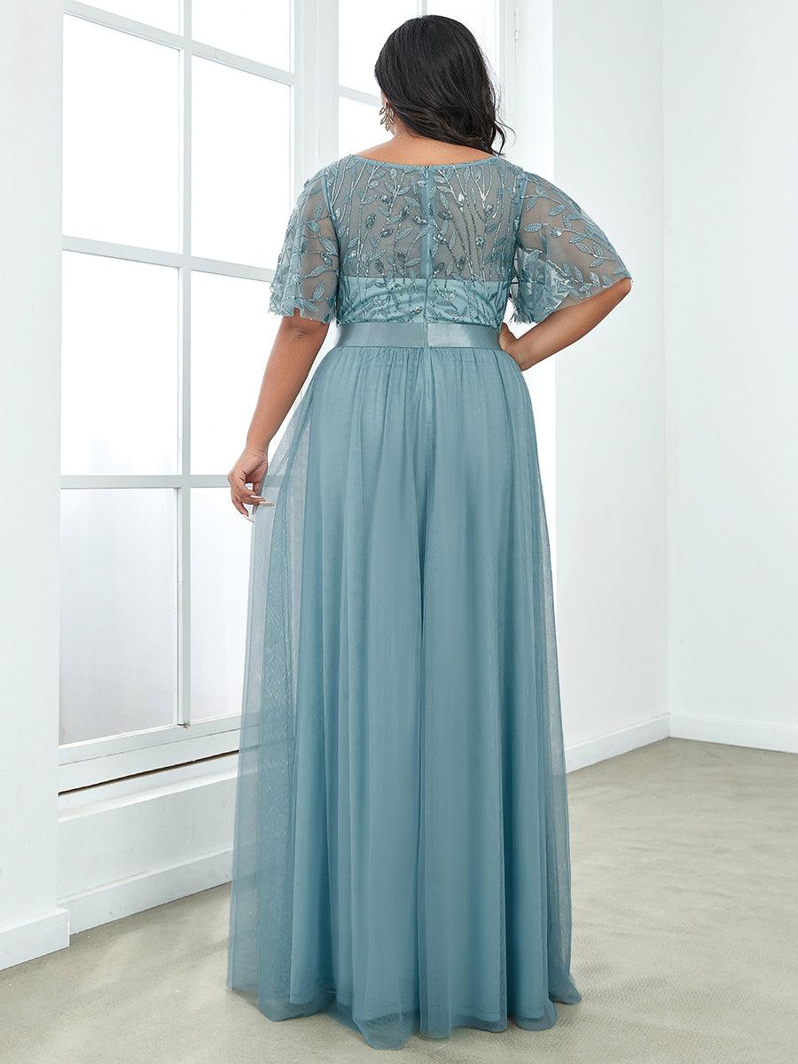 Robe de soirée brodée à manches courtes pour femmes de Grande taille #Couleur_Bleu Fume