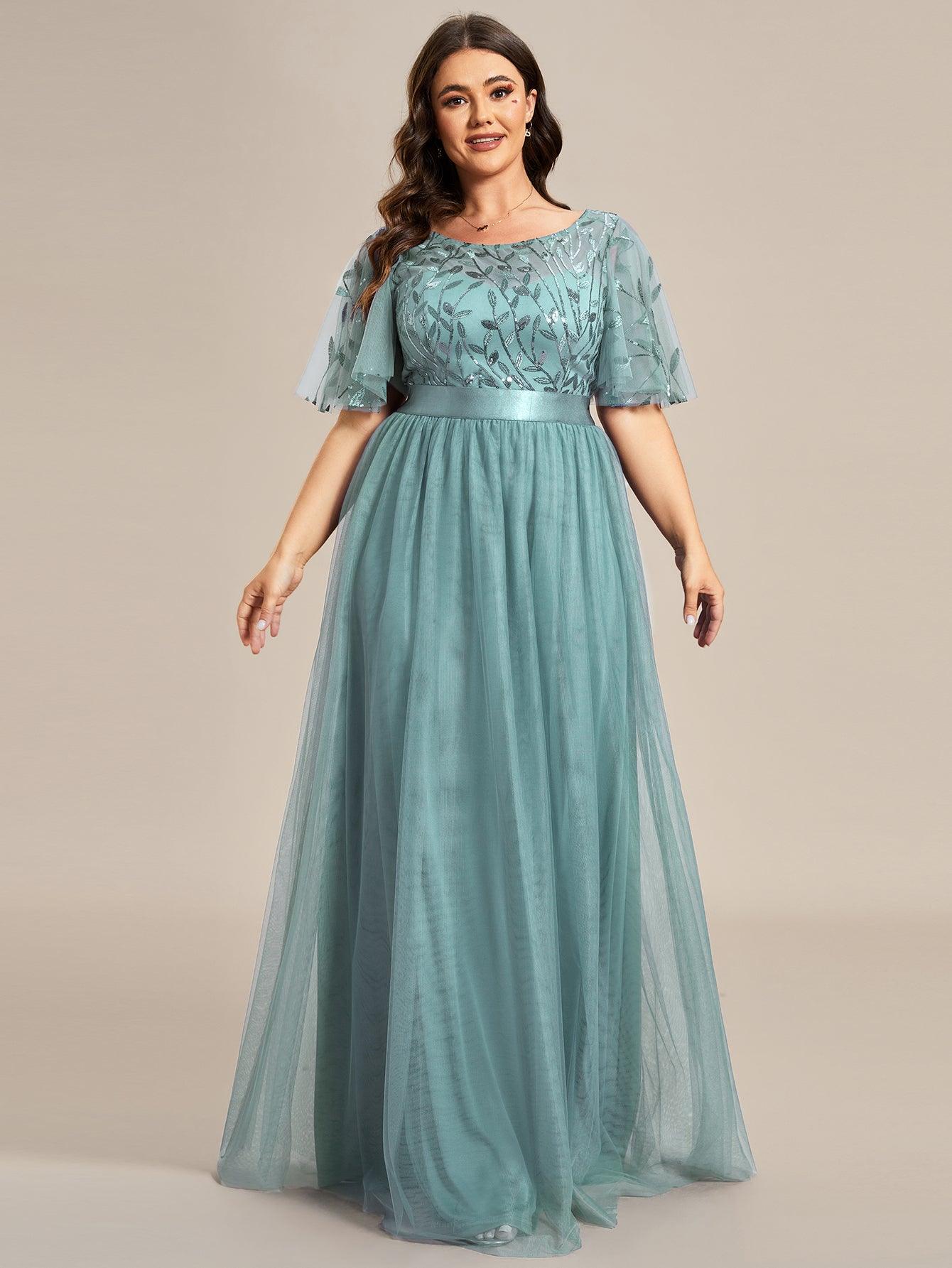 Robe de soirée brodée à manches courtes pour femmes de Grande taille #Couleur_Bleu Fume
