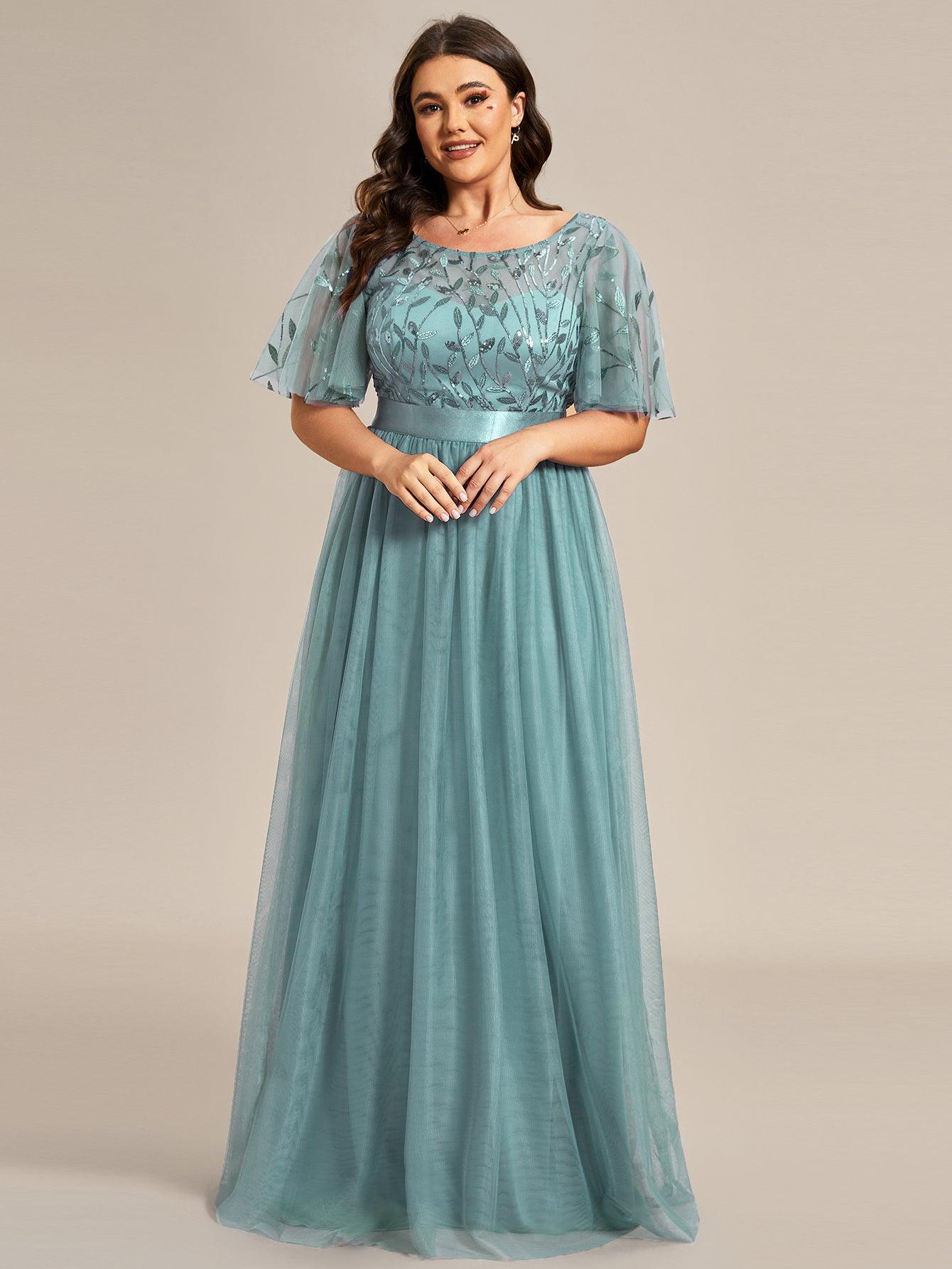 Robe de soirée brodée à manches courtes pour femmes de Grande taille #Couleur_Bleu Fume