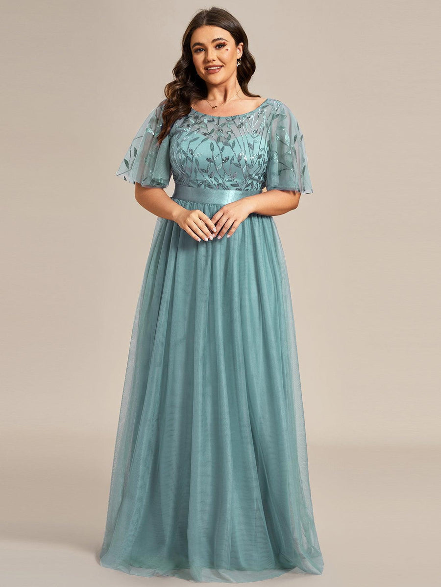 Robe de soirée brodée à manches courtes pour femmes de Grande taille #Couleur_Bleu Fume