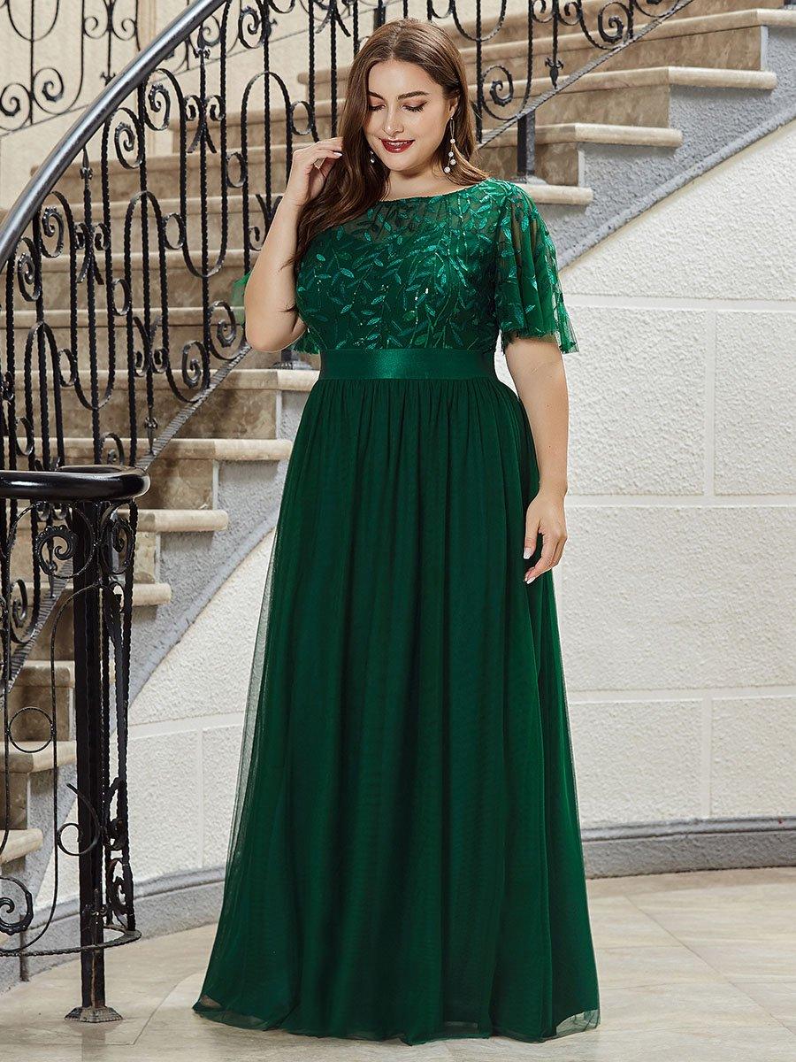 Robe de soirée brodée à manches courtes pour femmes de Grande taille #Couleur_Vert Fonce