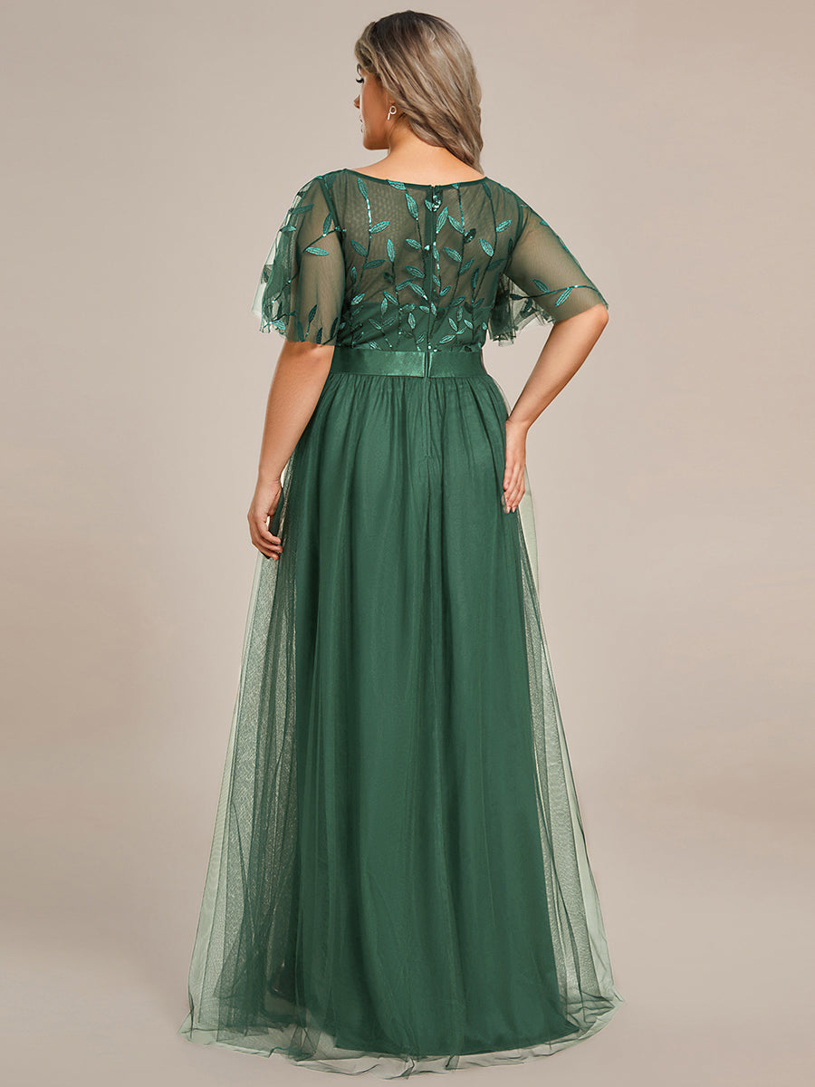 Robe de demoiselle d'honneur Brodées à manches courtes en ligne A pour femmes #Couleur_Eucalyptus