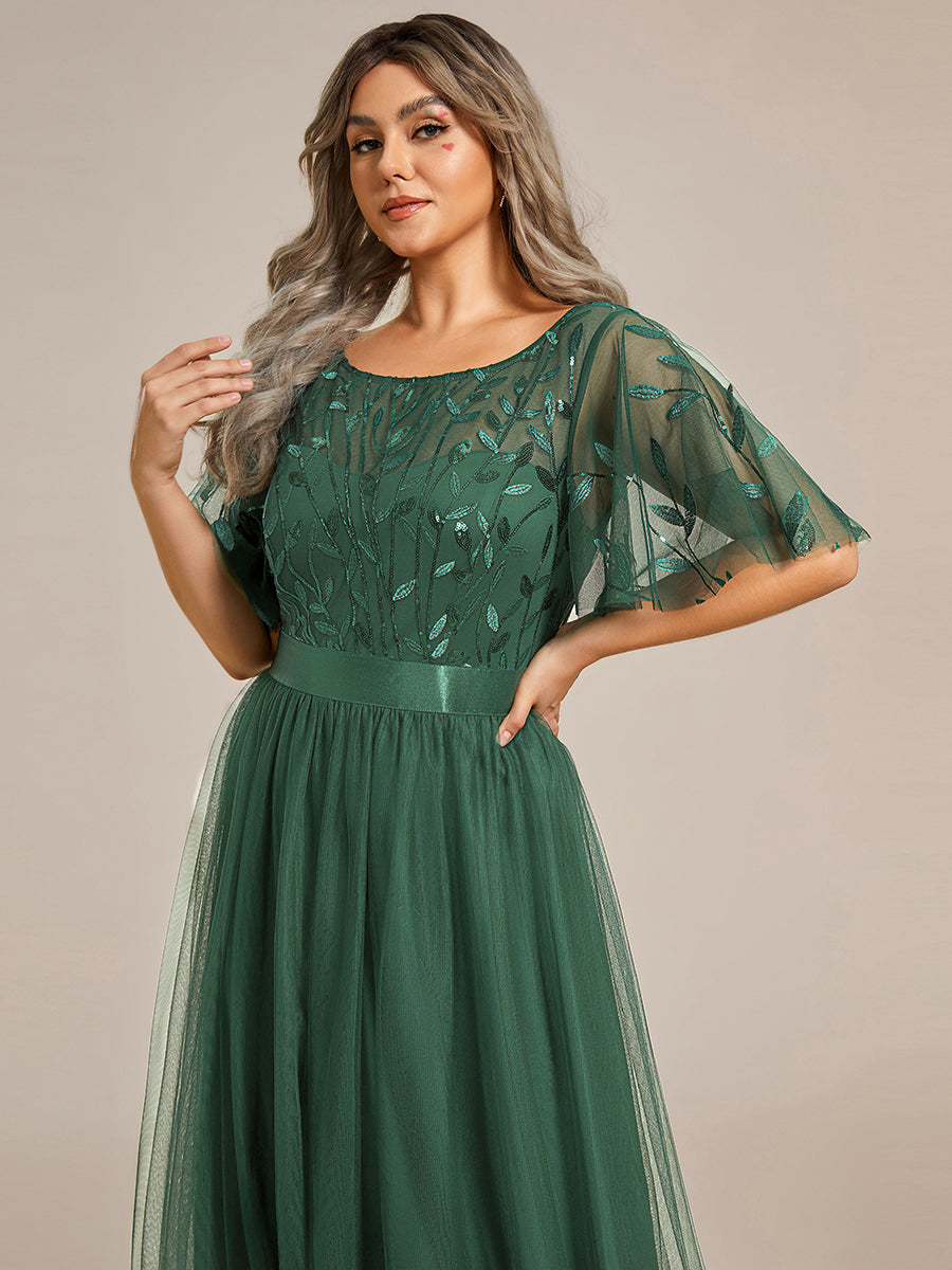 Robe de demoiselle d'honneur Brodées à manches courtes en ligne A pour femmes #Couleur_Eucalyptus