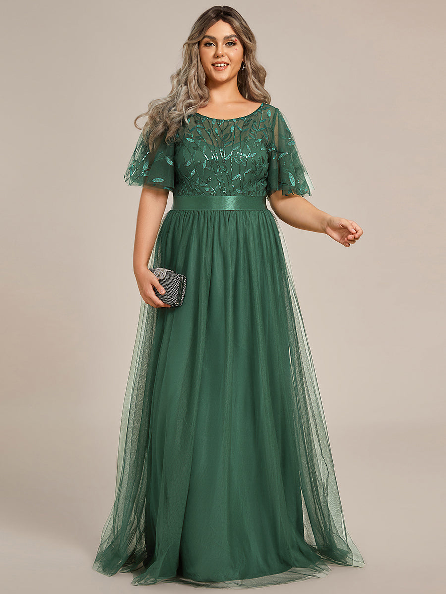 Robe de demoiselle d'honneur Brodées à manches courtes en ligne A pour femmes #Couleur_Eucalyptus