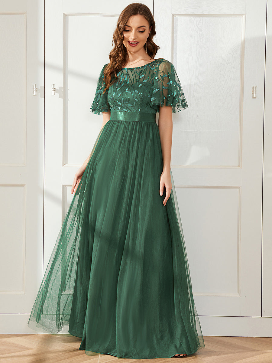 Robe de demoiselle d'honneur Brodées à manches courtes en ligne A pour femmes #color_Eucalyptus