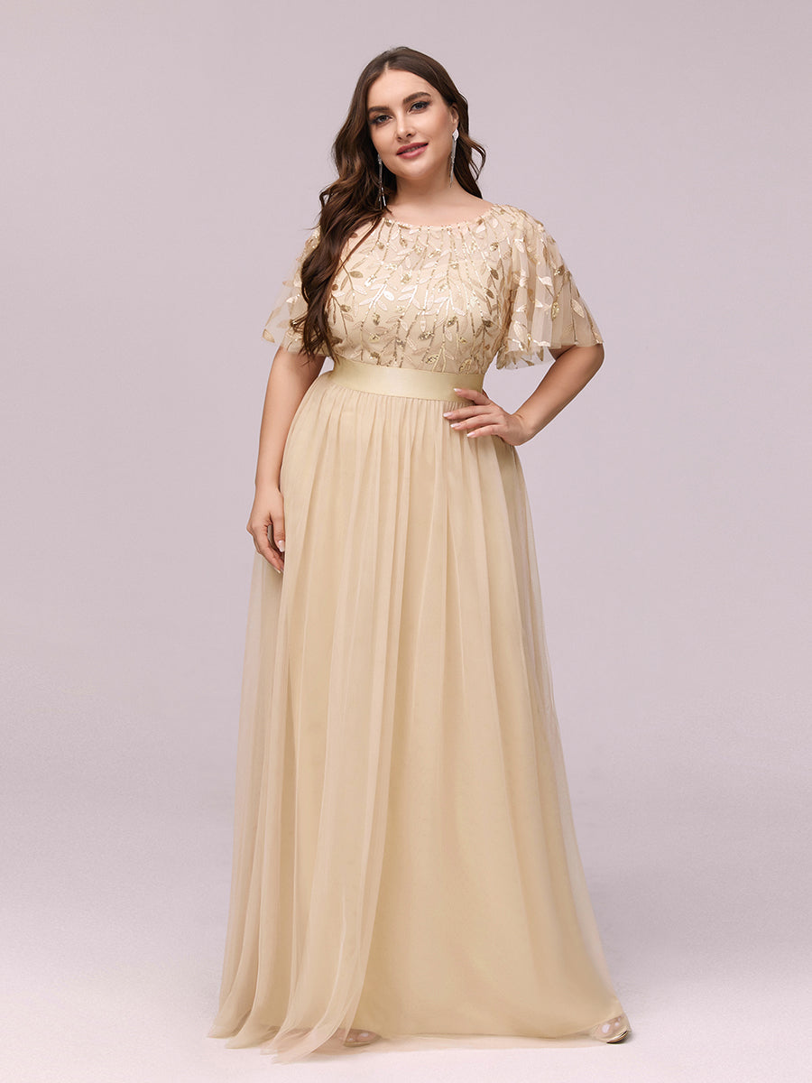 Robe de demoiselle d'honneur Brod¡§|es ¡§¡è manches courtes en ligne A pour femmes #Couleur_Dorée