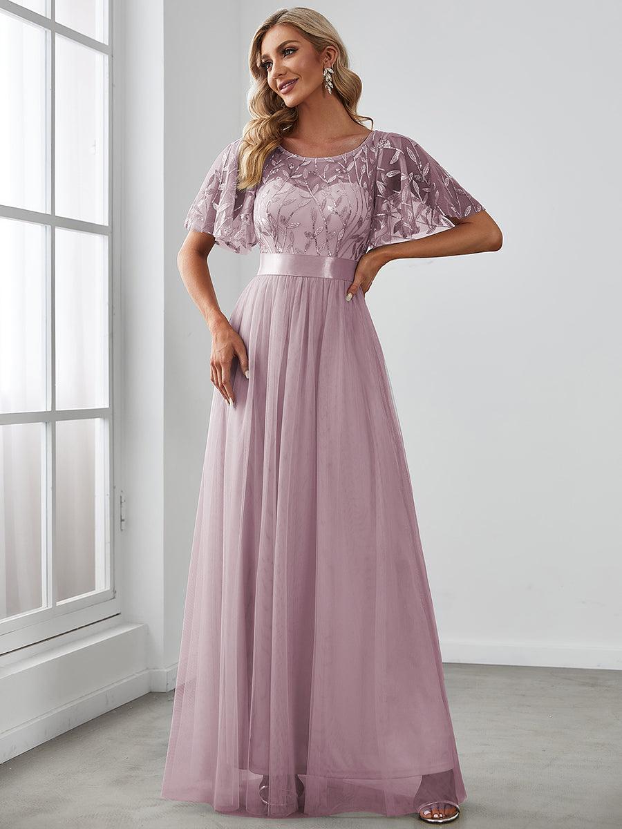 Taille personnalisée Robes de soirée brodées à manches courtes pour femmes #Couleur_Lilas