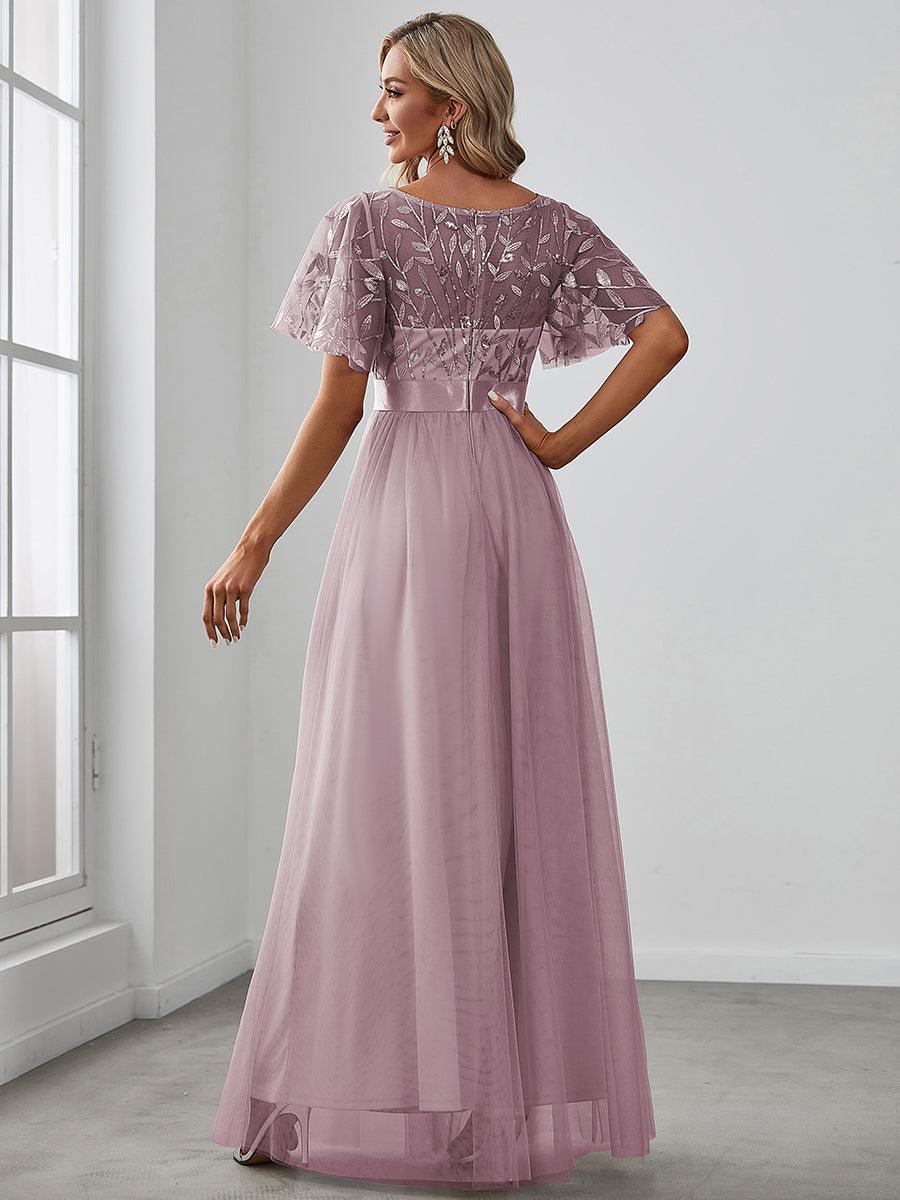 Taille personnalisée Robes de soirée brodées à manches courtes pour femmes #Couleur_Lilas