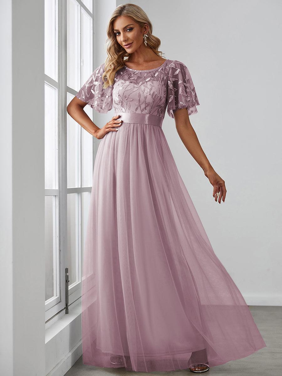 Taille personnalisée Robes de soirée brodées à manches courtes pour femmes #Couleur_Lilas