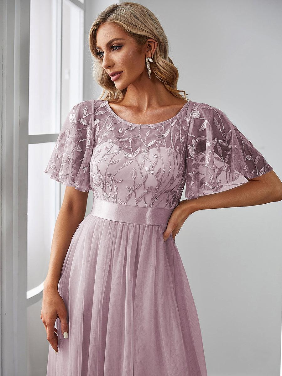 Taille personnalisée Robes de soirée brodées à manches courtes pour femmes #Couleur_Lilas