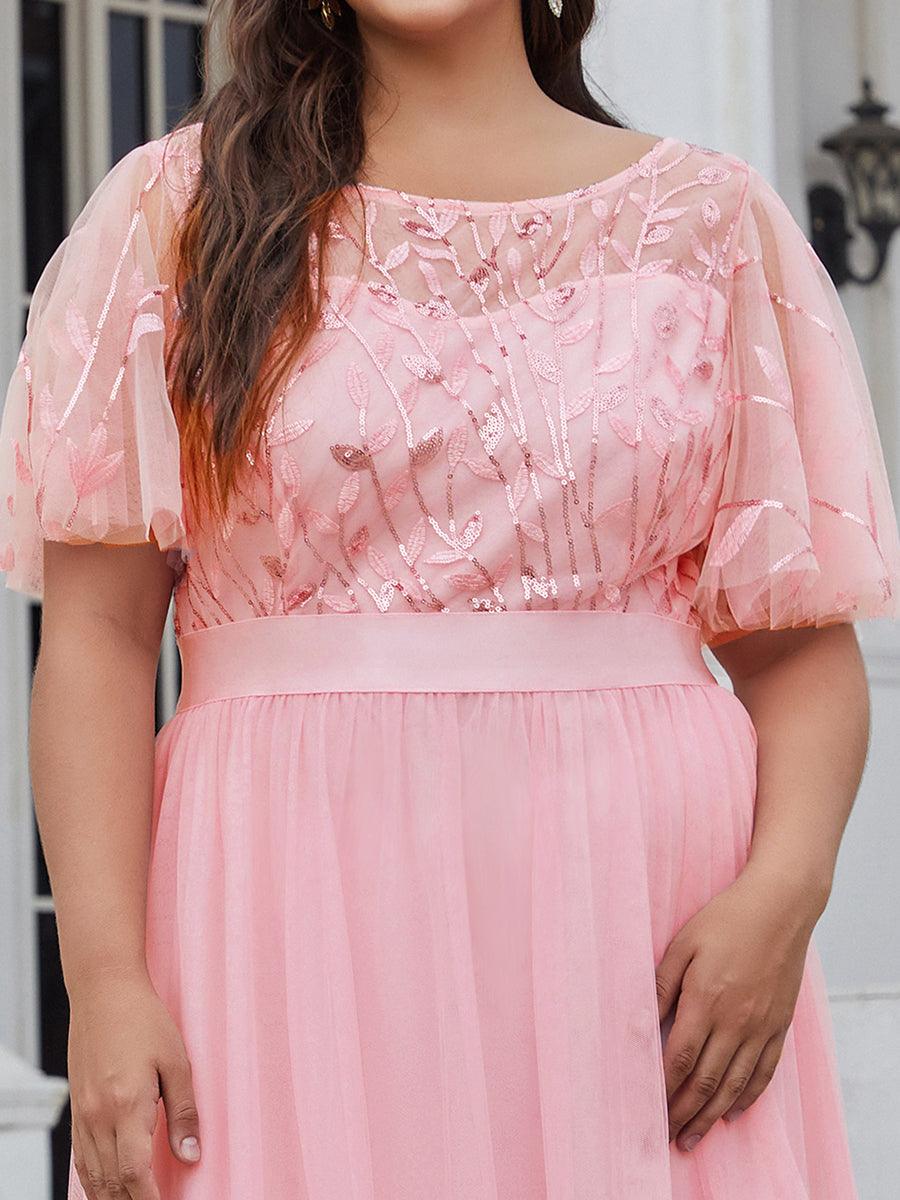 Robe de soirée brodée à manches courtes pour femmes de Grande taille #Couleur_Rose