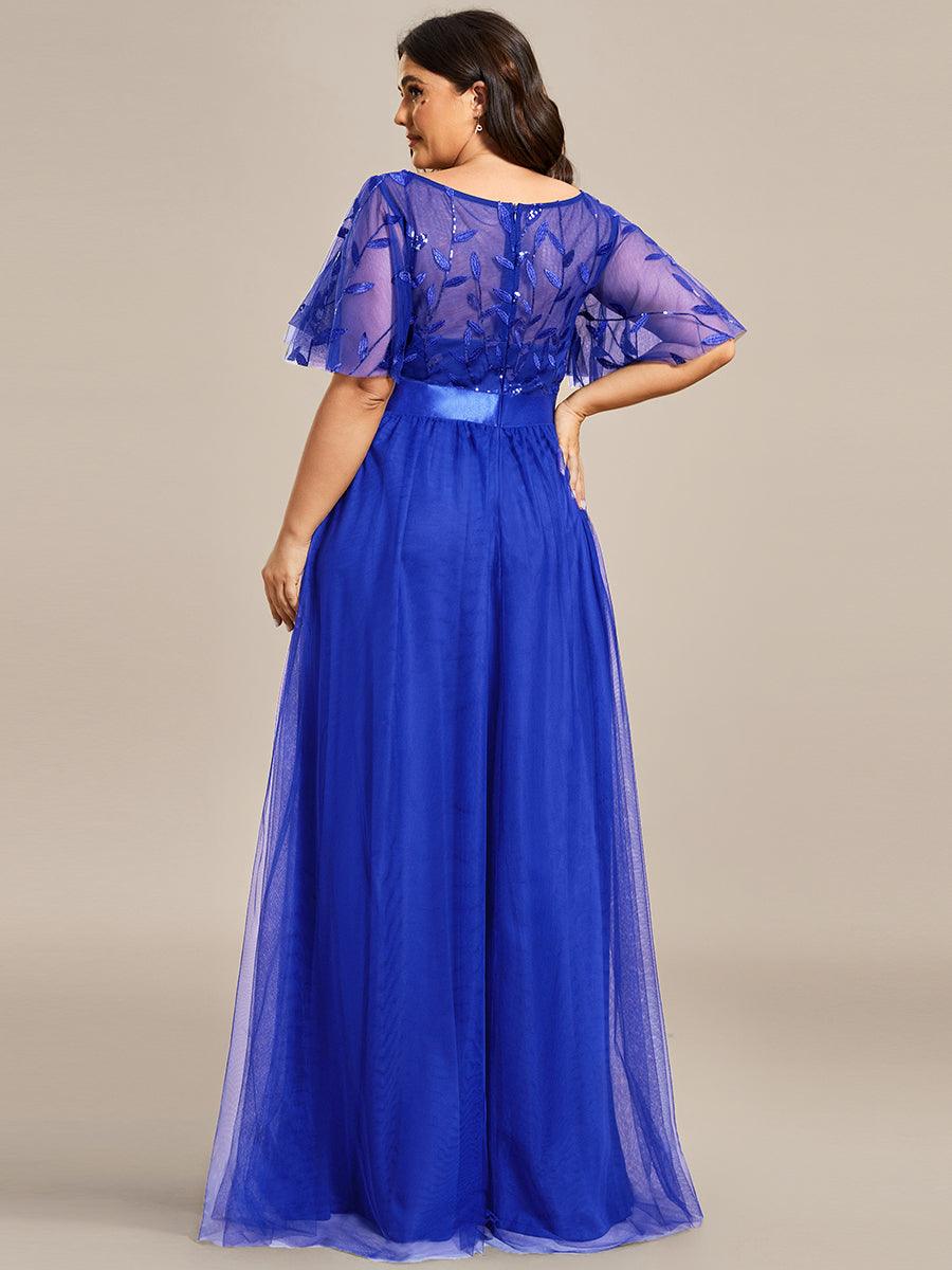 Taille personnalisée Robes de soirée brodées à manches courtes pour femmes #Couleur_Bleu Saphir