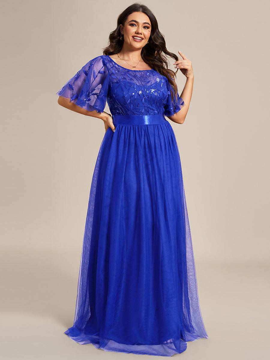 Taille personnalisée Robes de soirée brodées à manches courtes pour femmes #Couleur_Bleu Saphir