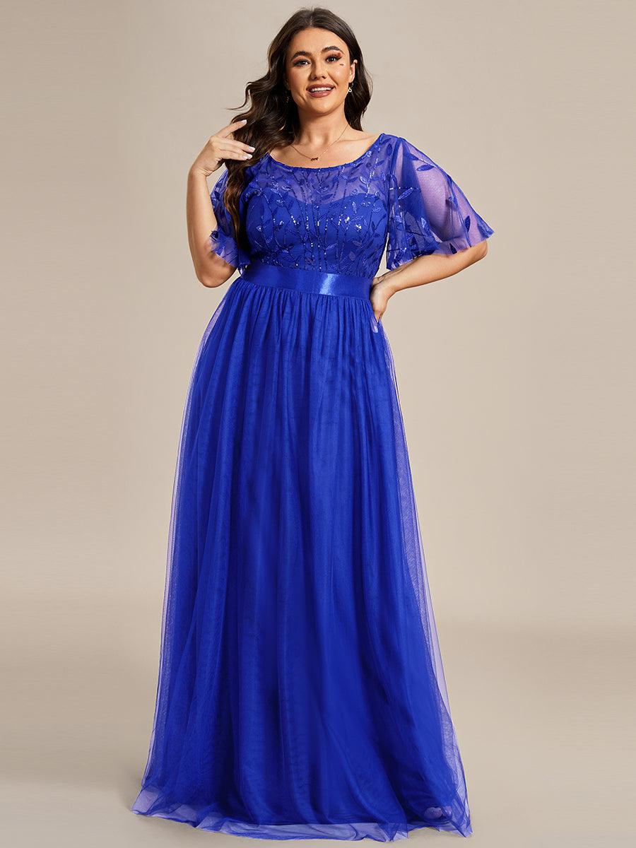 Taille personnalisée Robes de soirée brodées à manches courtes pour femmes #Couleur_Bleu Saphir