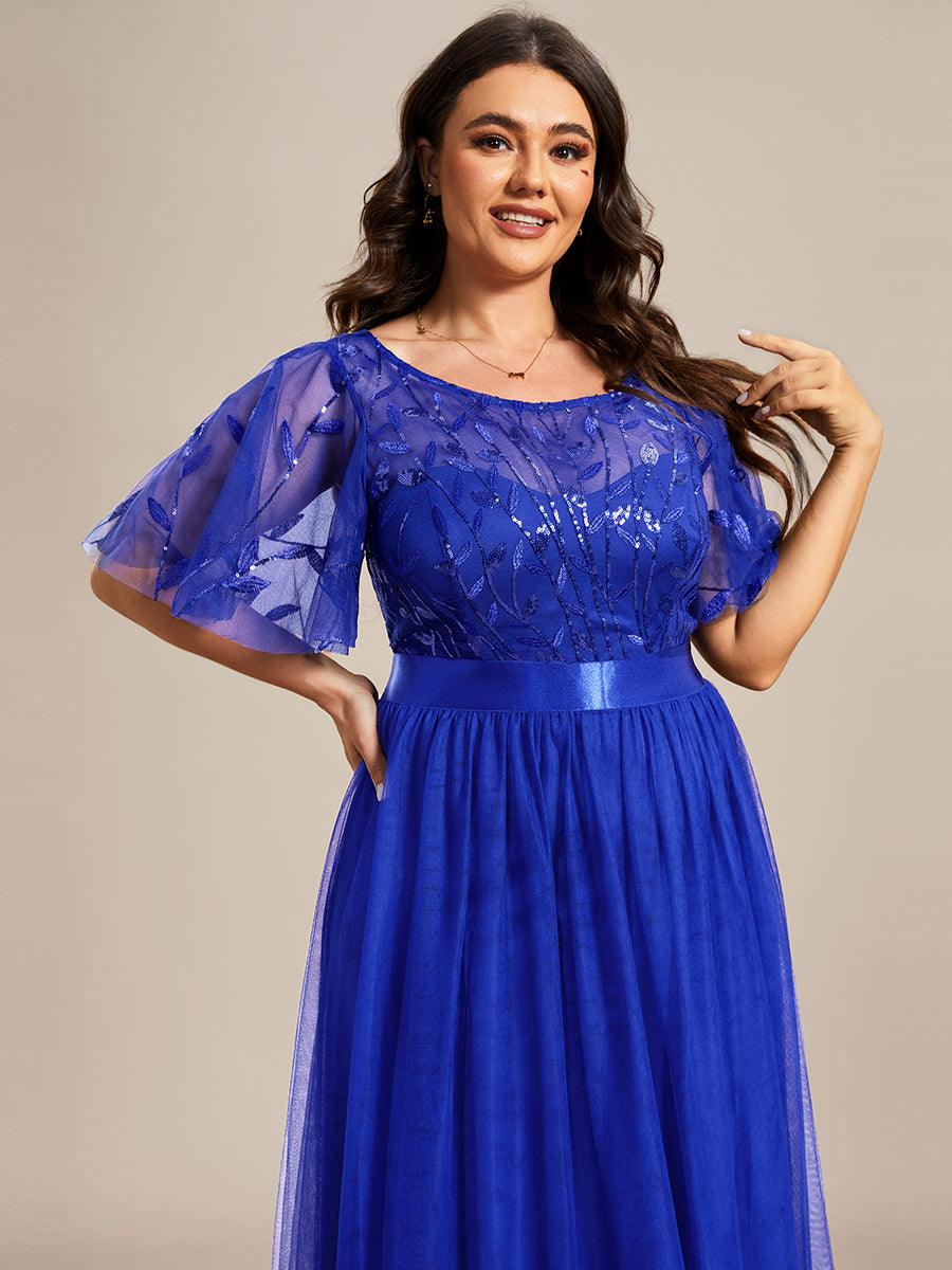 Taille personnalisée Robes de soirée brodées à manches courtes pour femmes #Couleur_Bleu Saphir