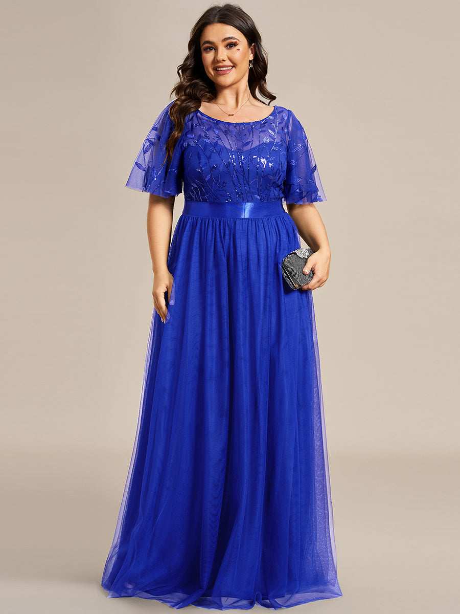 Robe de demoiselle d'honneur Brod¡§|es ¡§¡è manches courtes en ligne A pour femmes #Couleur_Bleu Saphir