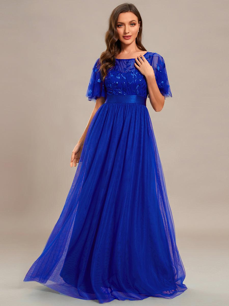 Taille personnalisée Robes de soirée brodées à manches courtes pour femmes #Couleur_Bleu Saphir
