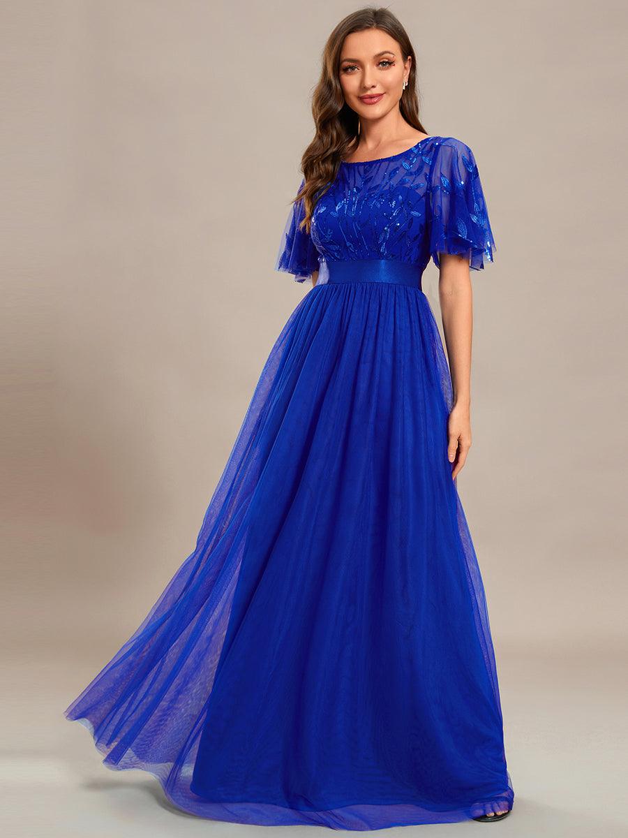 Taille personnalisée Robes de soirée brodées à manches courtes pour femmes #Couleur_Bleu Saphir