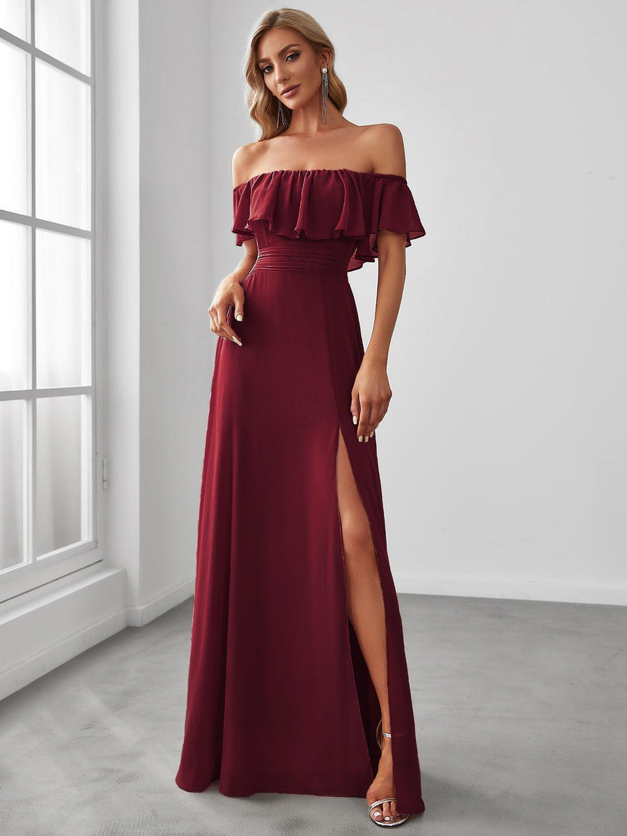 Robe Demoiselle d'Honneur belle Longue Fendue à épaules Dénudées #Couleur_Bordeaux