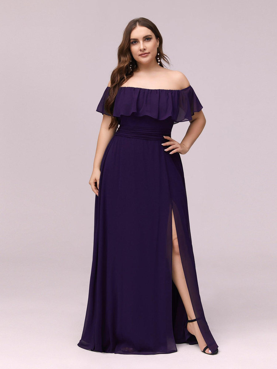 Robe de demoiselle d'honneur grande taille à volants et épaules dénudéess #Couleur_Violet Fonce