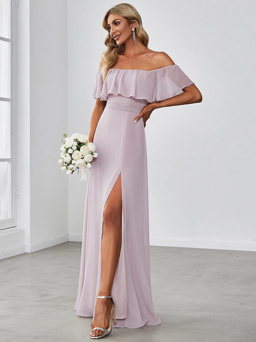 Robe Demoiselle d'Honneur belle Longue Fendue à épaules Dénudées #Couleur_Lilas