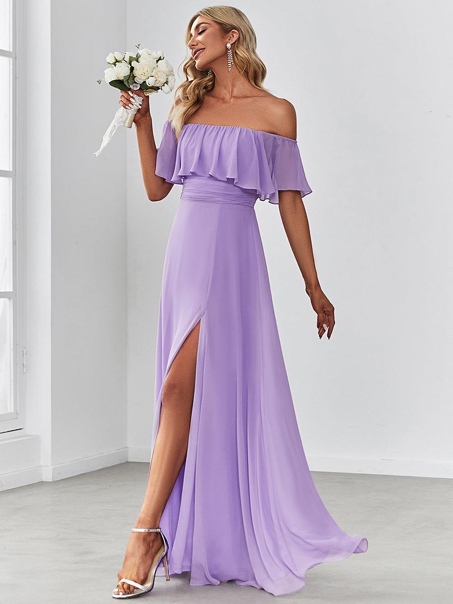 Robe Demoiselle d'Honneur belle Longue Fendue à épaules Dénudées #Couleur_Lavande