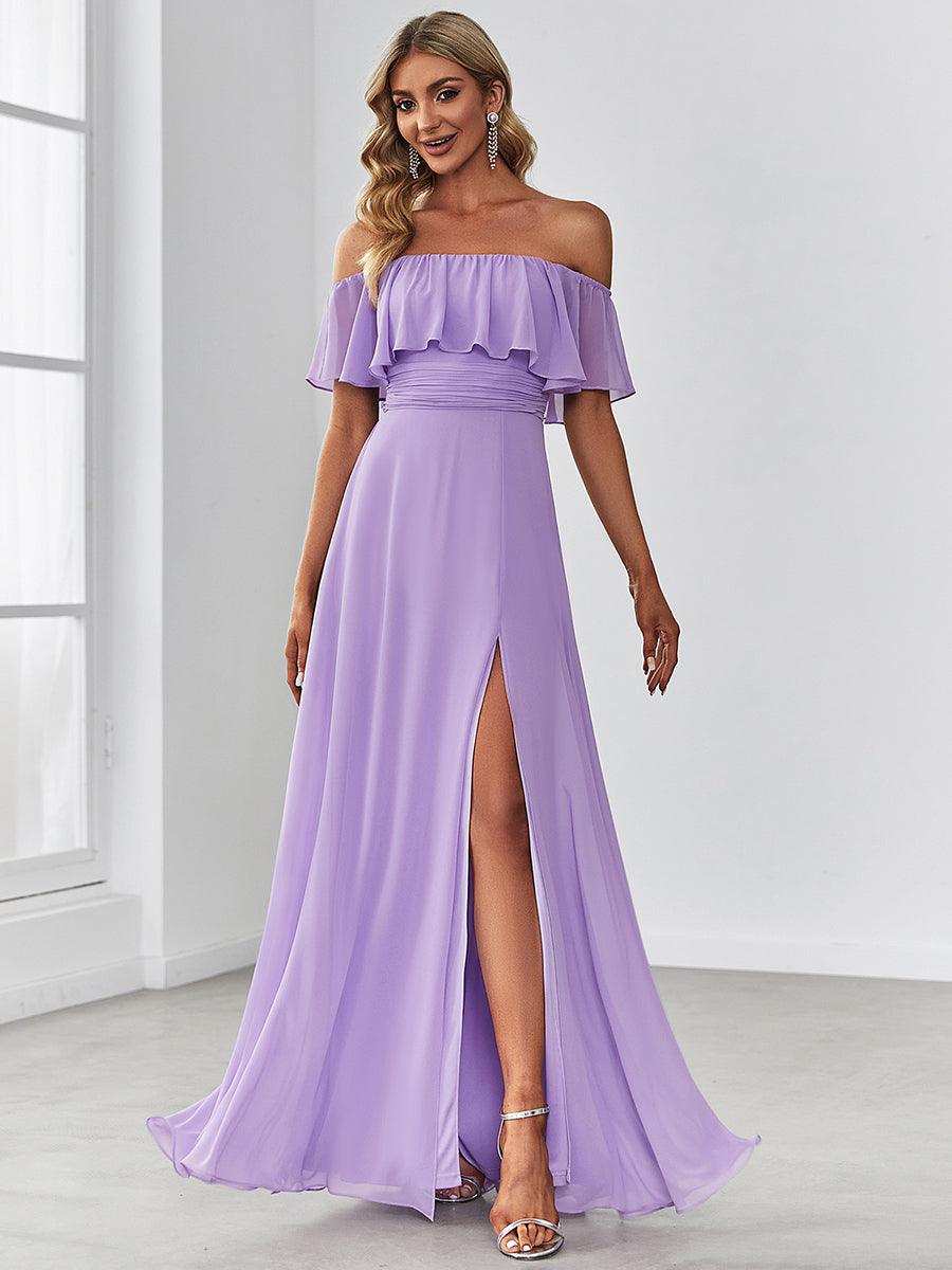 Robe Demoiselle d'Honneur belle Longue Fendue à épaules Dénudées #Couleur_Lavande