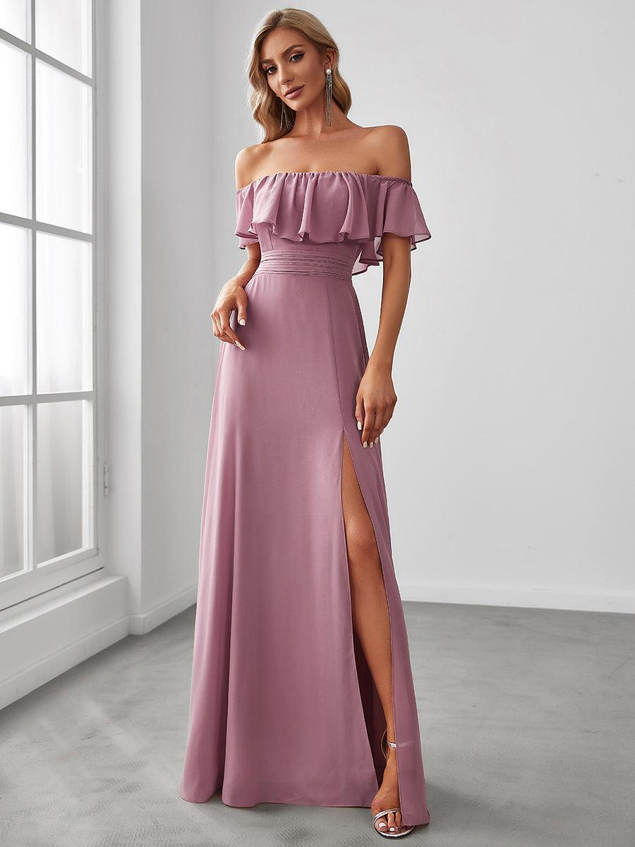 Robe Demoiselle d'Honneur belle Longue Fendue à épaules Dénudées #Couleur_Orchidee