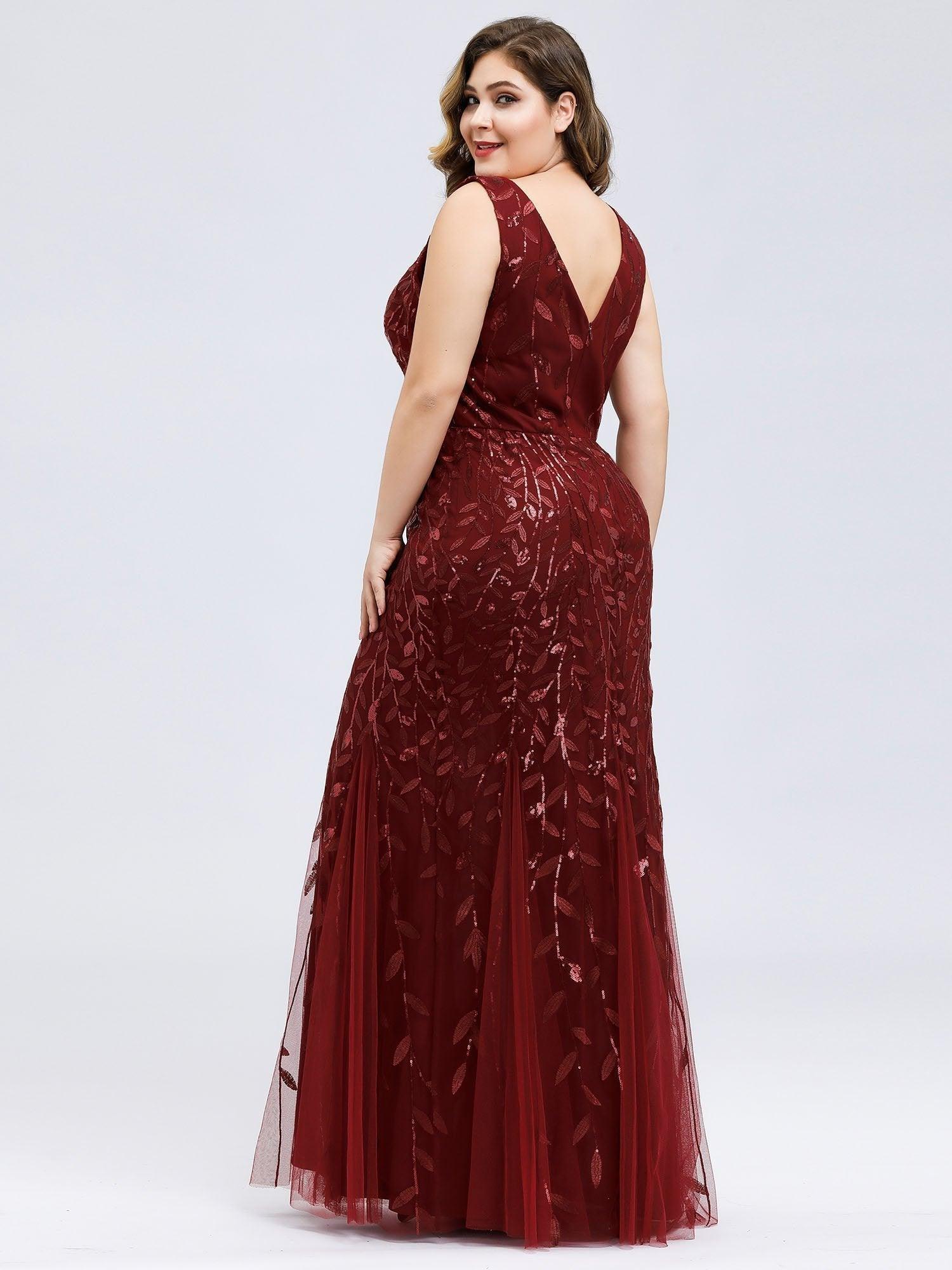 Robe de soirée Seuqin à encolure en V pour femmes de grande taille #Couleur_Bordeaux