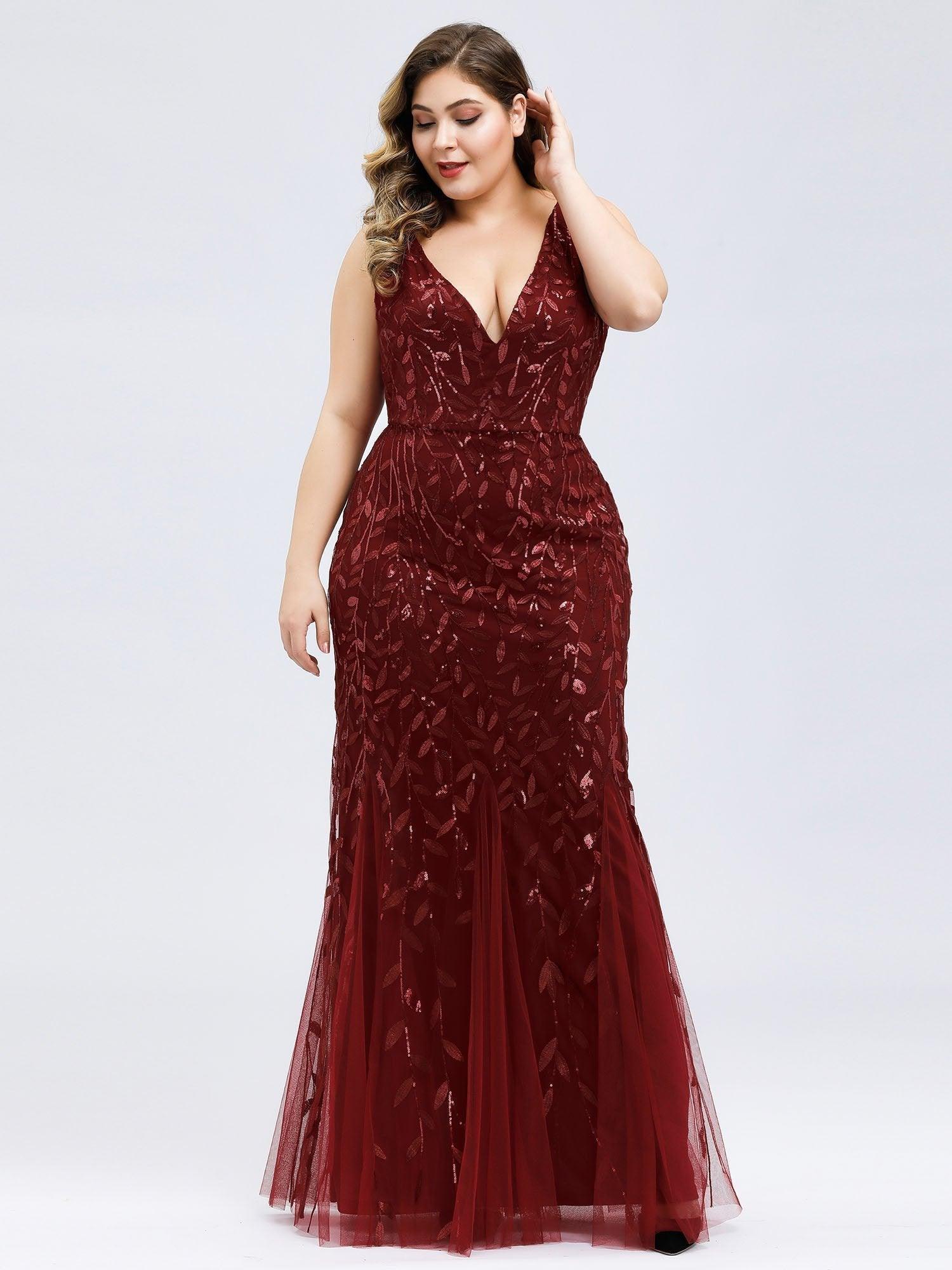 Robe de soirée Seuqin à encolure en V pour femmes de grande taille #Couleur_Bordeaux