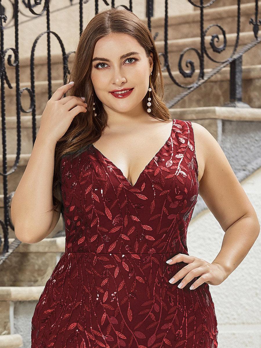 Robe de soirée Seuqin à encolure en V pour femmes de grande taille #Couleur_Bordeaux