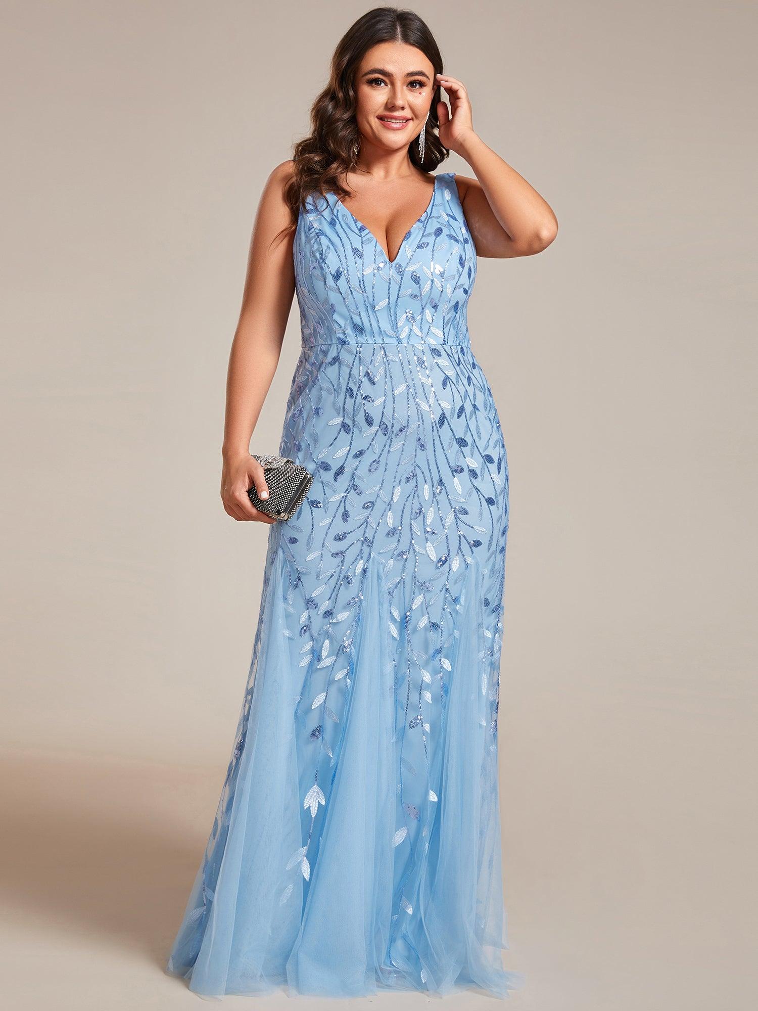 Robe de soirée Seuqin à encolure en V pour femmes de grande taille #Couleur_Bleu Ciel