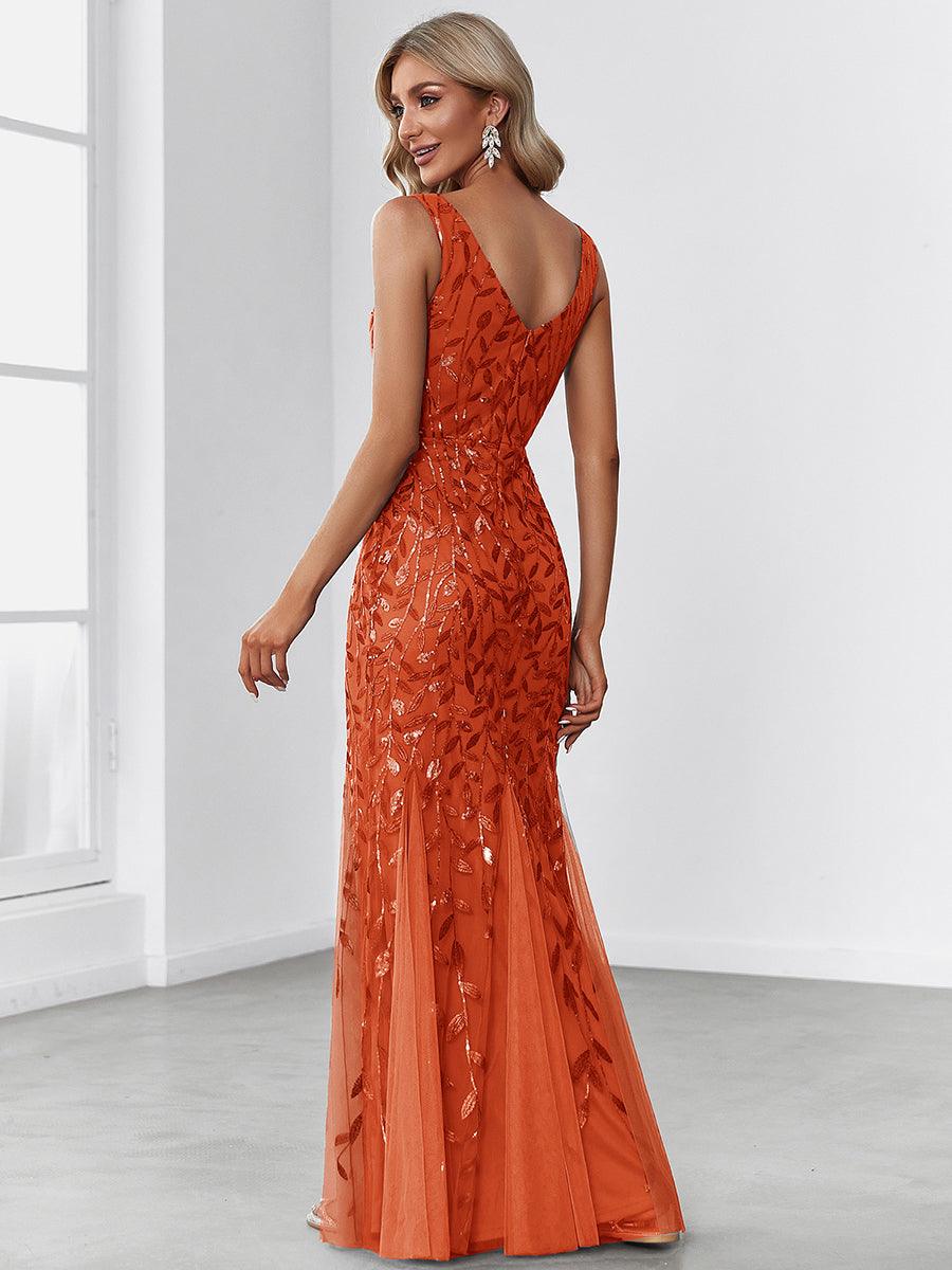 Taille personnalisée Robe de soirée Longue Sexy en sequins col en V pour femmes #Couleur_Burnt Orange