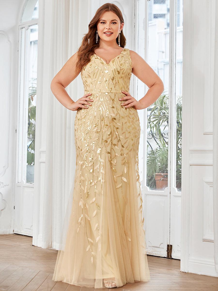 Robe de soirée Seuqin à encolure en V pour femmes de grande taille #Couleur_Or