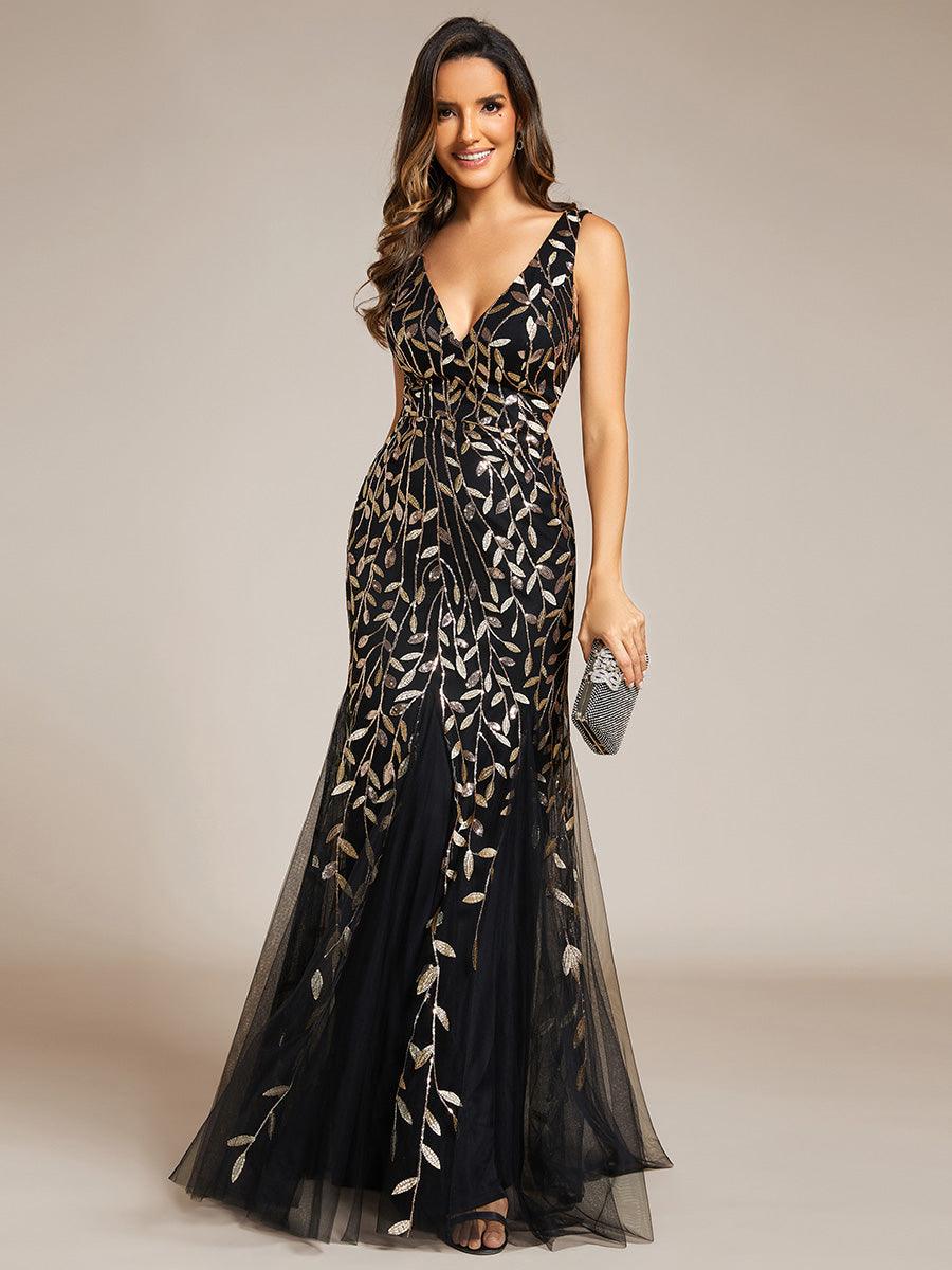 Robe de soirée Seuqin à encolure en V pour femmes de grande taille #Couleur_Noir & Or
