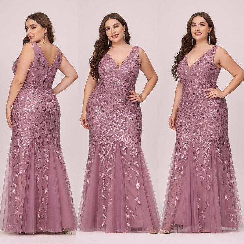 Robe de soirée Seuqin à encolure en V pour femmes de grande taille #Couleur_Orchidee