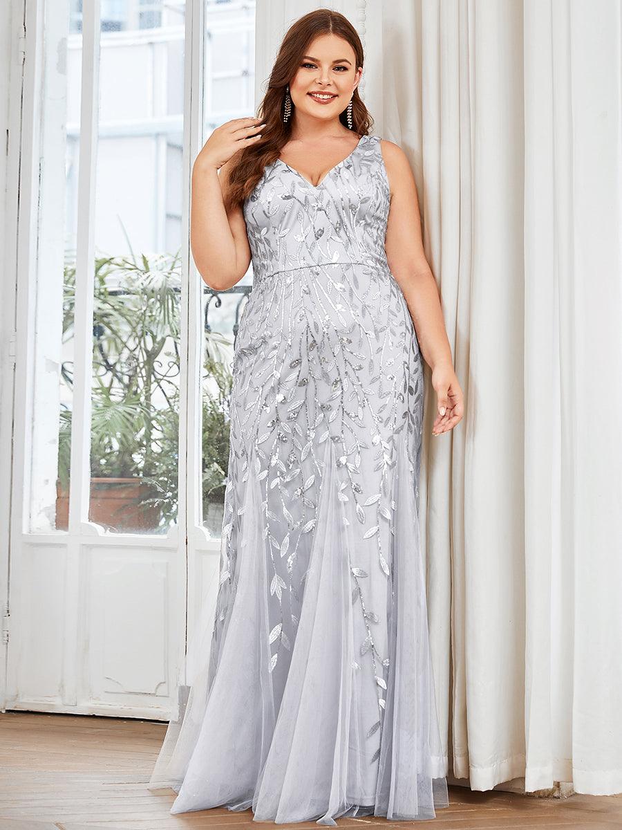 Robe de soirée Seuqin à encolure en V pour femmes de grande taille #Couleur_Argent