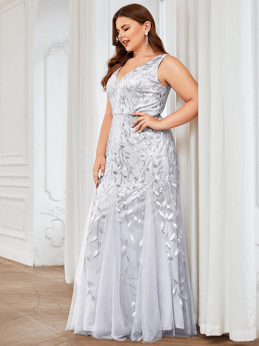 Robe de soirée Seuqin à encolure en V pour femmes de grande taille #Couleur_Argent