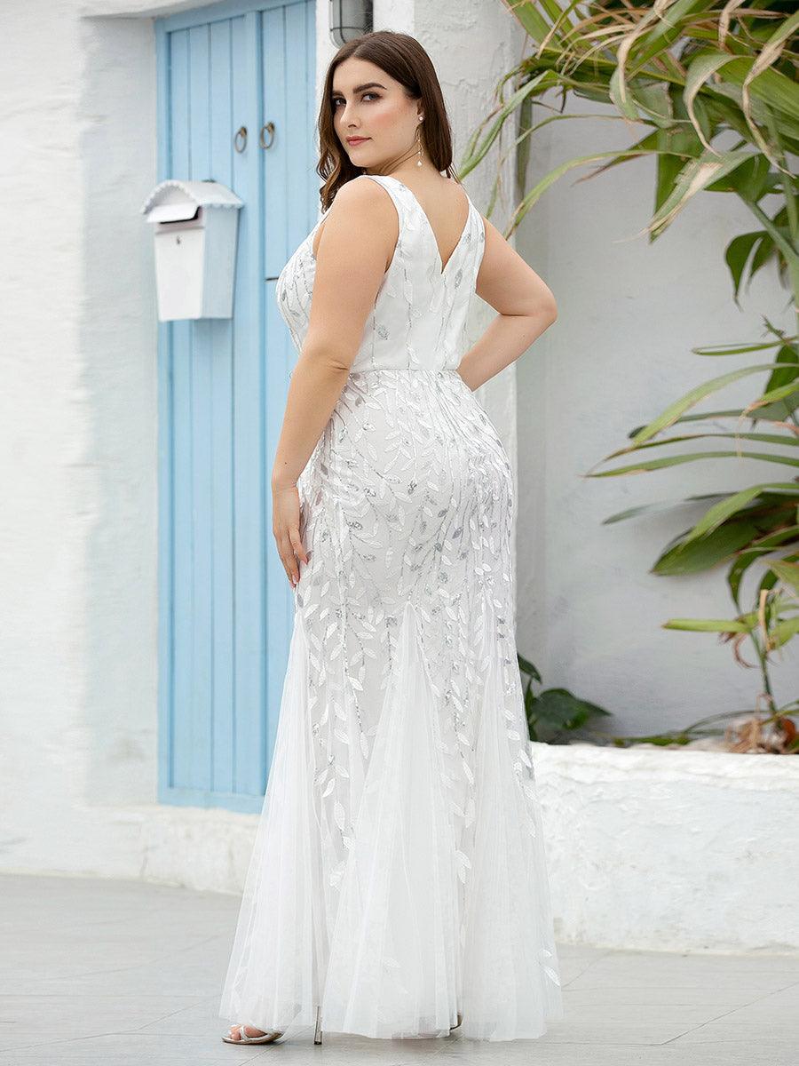 Robe de soirée Seuqin à encolure en V pour femmes de grande taille #Couleur_Blanc