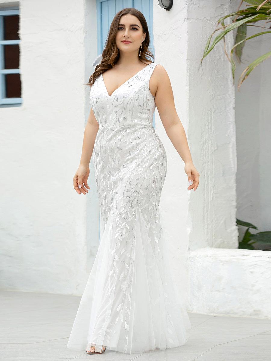 Robe de soirée Seuqin à encolure en V pour femmes de grande taille #Couleur_Blanc