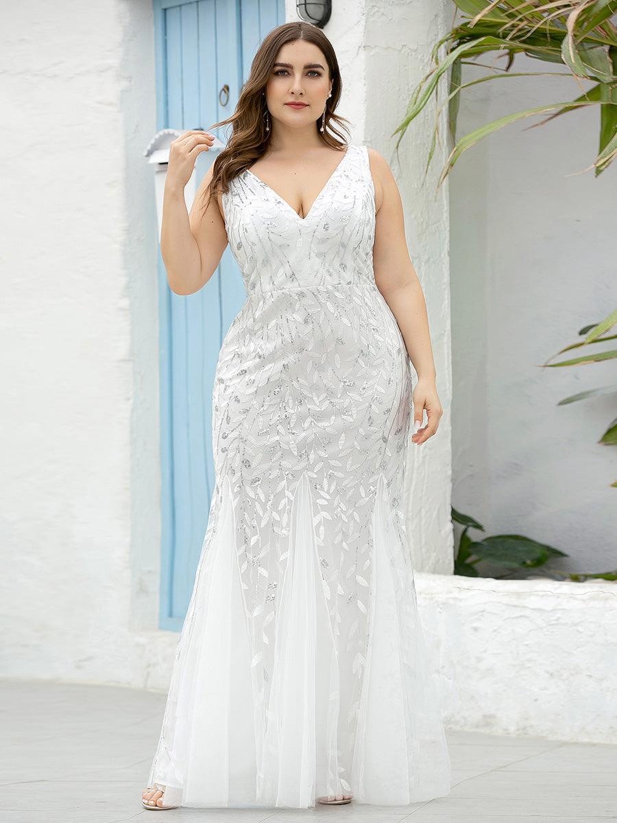 Robe de soirée Seuqin à encolure en V pour femmes de grande taille #Couleur_Blanc