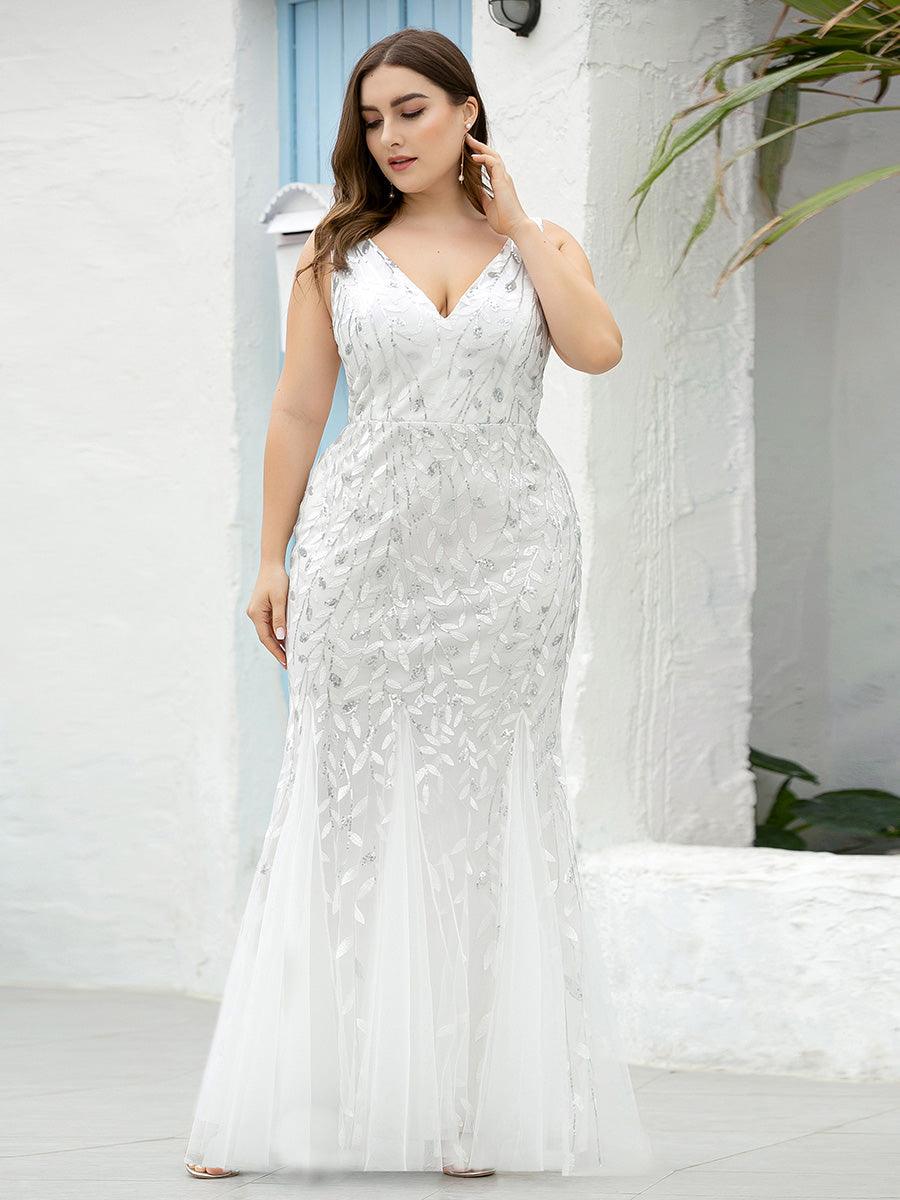 Robe de soirée Seuqin à encolure en V pour femmes de grande taille #Couleur_Blanc