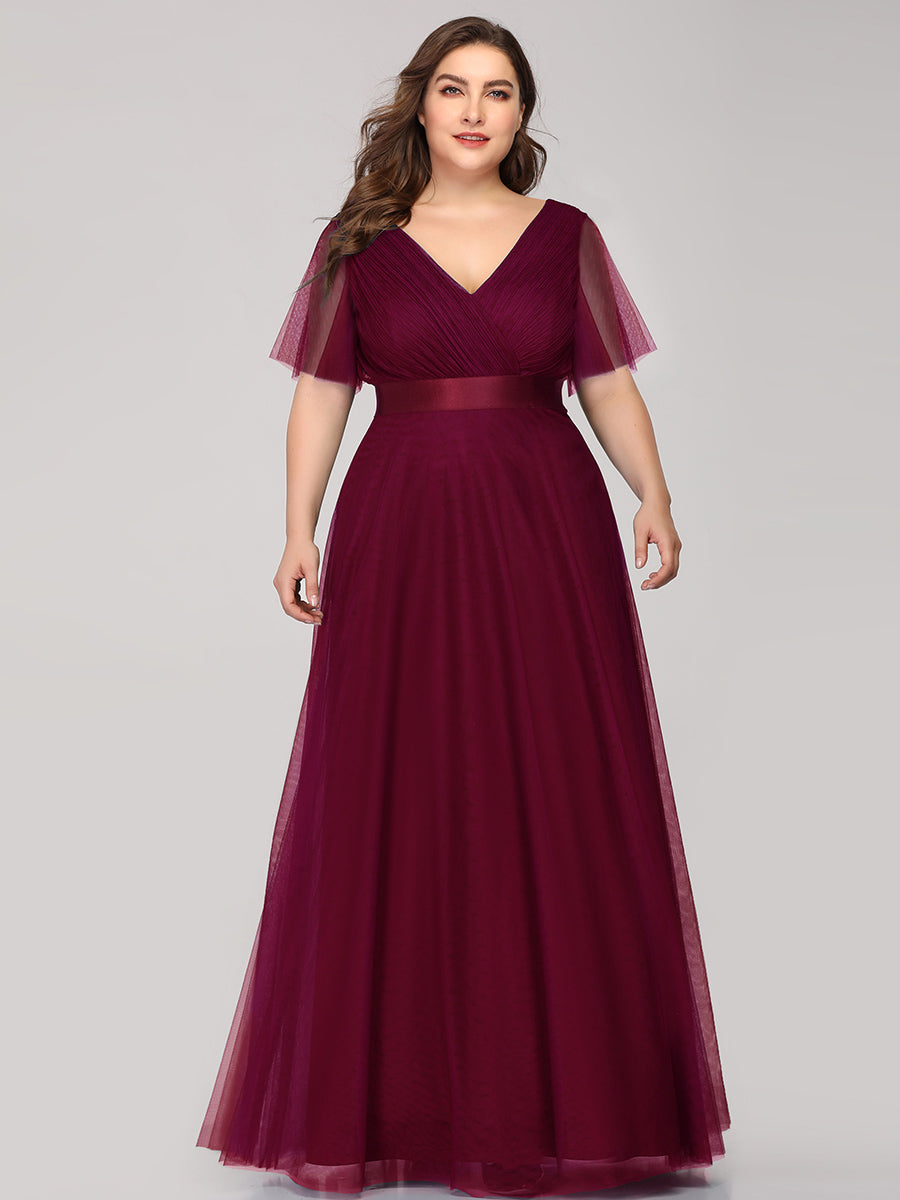 Robe Demoiselle D'Honneur Longue à Col V Et Manches Courtes Pour Femmes #Couleur_Bordeaux