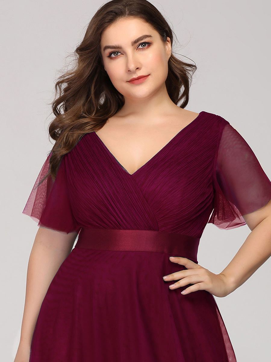 Robe Demoiselle D'Honneur Longue à Col V Et Manches Courtes Pour Femmes #Couleur_Bordeaux