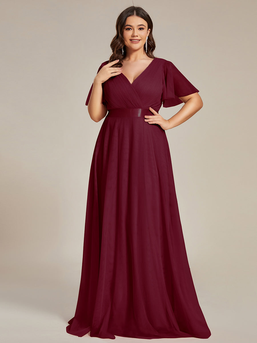 Robe Demoiselle D'Honneur Longue à Col V Et Manches Courtes Pour Femmes #Couleur_Bordeaux