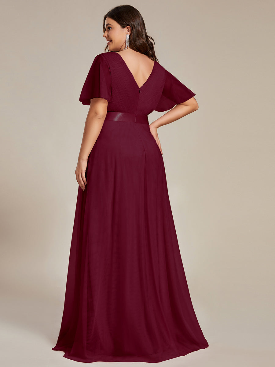 Robe Demoiselle D'Honneur Longue à Col V Et Manches Courtes Pour Femmes #Couleur_Bordeaux